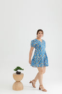 Back-Ribbon Flare Leg Skater Romper  (édition limitée print - Blue Windsflower)