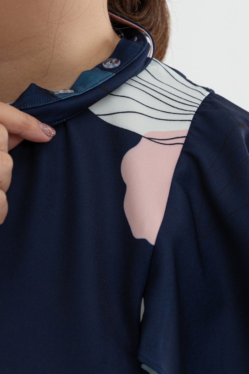 Detachable Mandarin Collar Shift Dress (édition limitée print - Navy Florals)