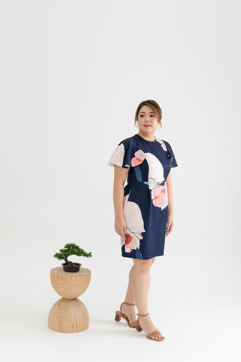 Detachable Mandarin Collar Shift Dress (édition limitée print - Navy Florals)