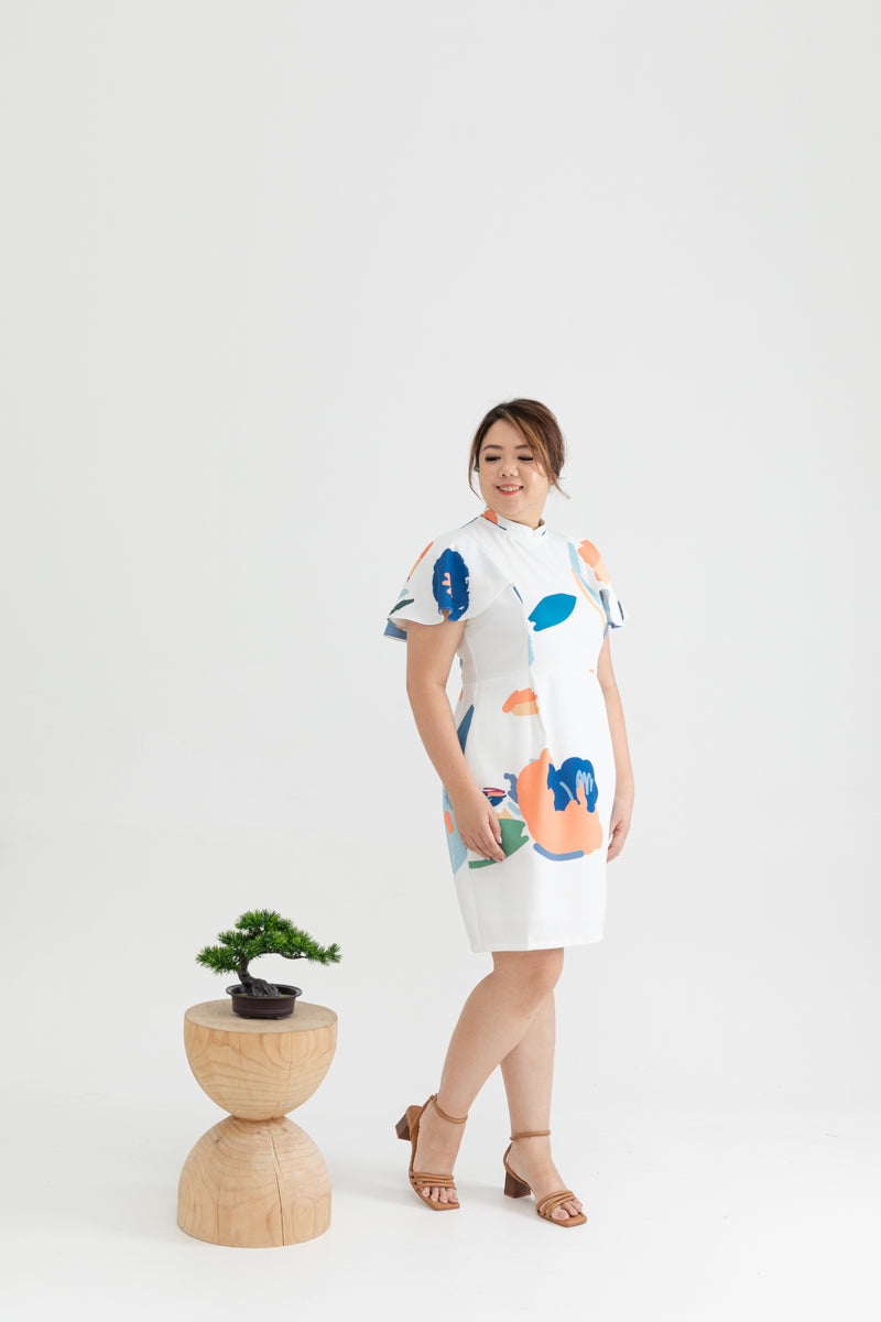 Detachable Mandarin Collar Shift Dress (édition limitée print - White Florals)