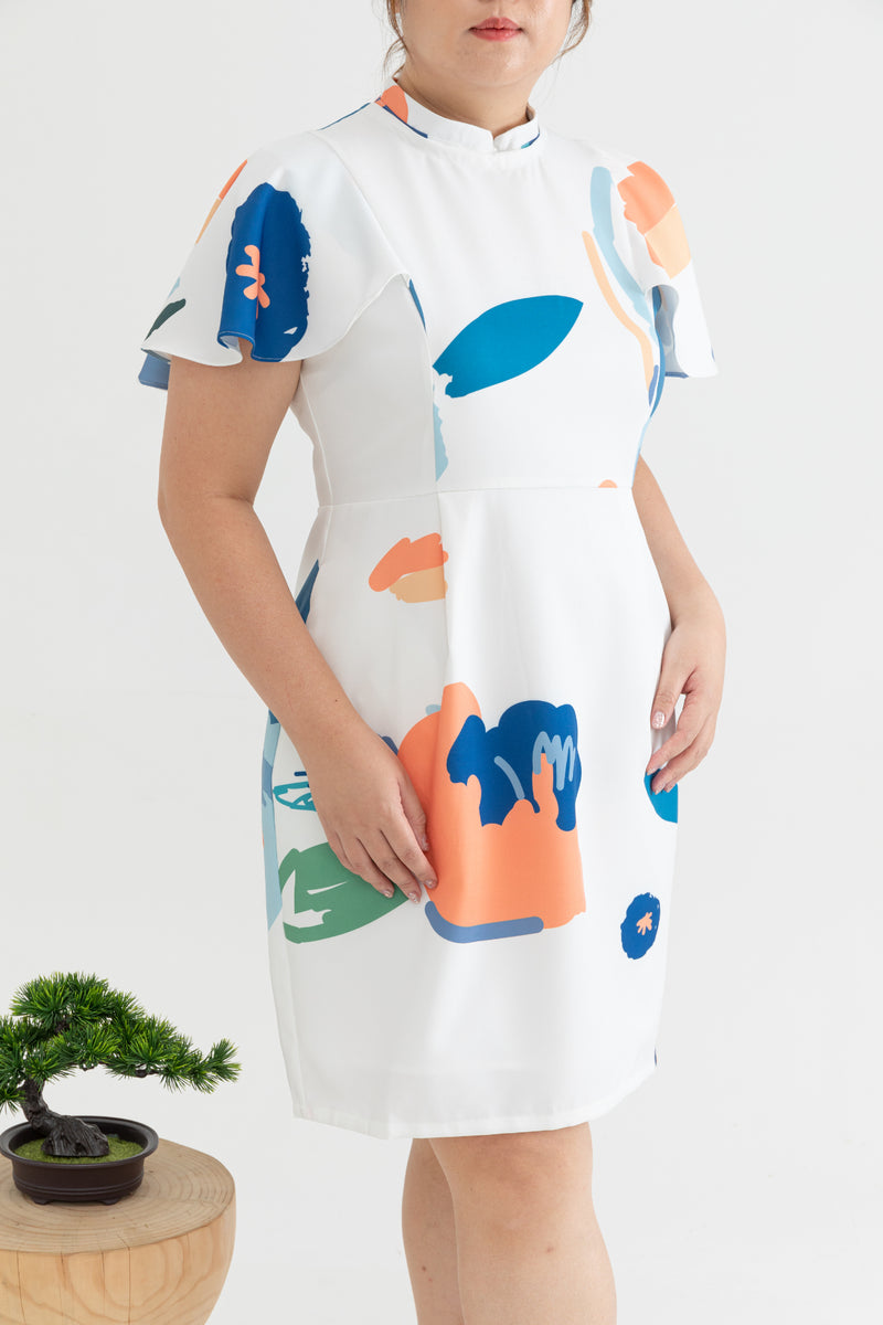Detachable Mandarin Collar Shift Dress (édition limitée print - White Florals)