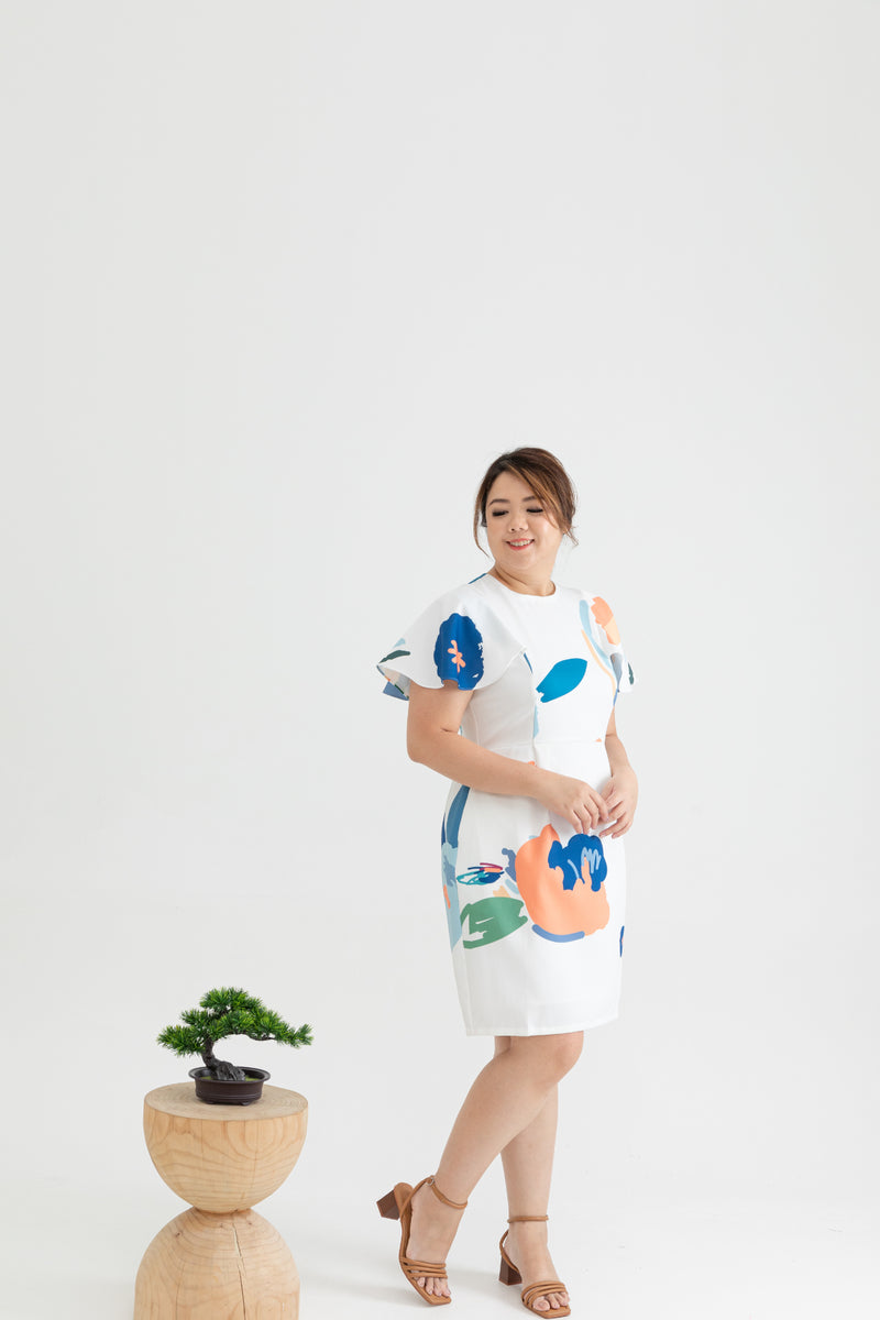 Detachable Mandarin Collar Shift Dress (édition limitée print - White Florals)