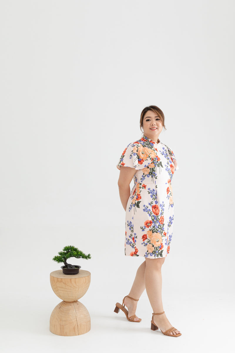 Detachable Mandarin Collar Shift Dress (édition limitée print - Pink Florals)
