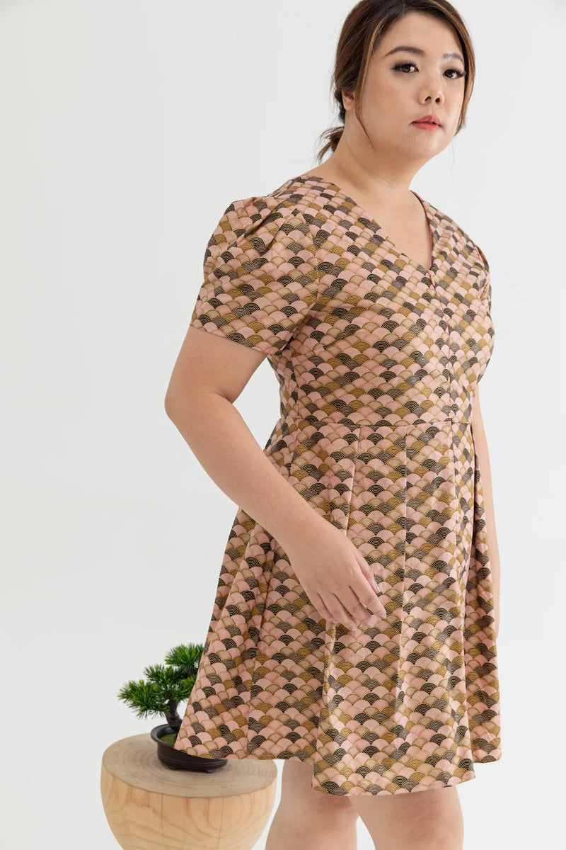 2-way Japanese Prints V-Neck Ribbon Skater Dress (Seigaiha Pattern)