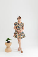 2-way Japanese Prints V-Neck Ribbon Skater Dress (Golden Peony)