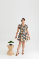 2-way Japanese Prints V-Neck Ribbon Skater Dress (Golden Peony)