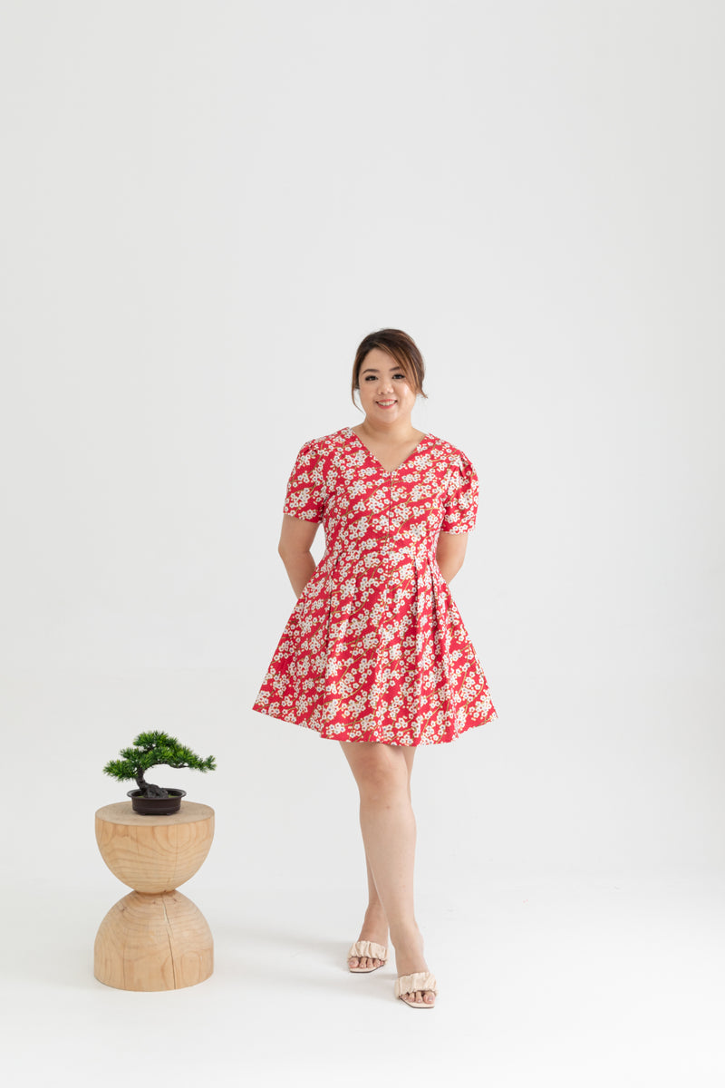2-way Japanese Prints V-Neck Ribbon Skater Dress (Sakura)