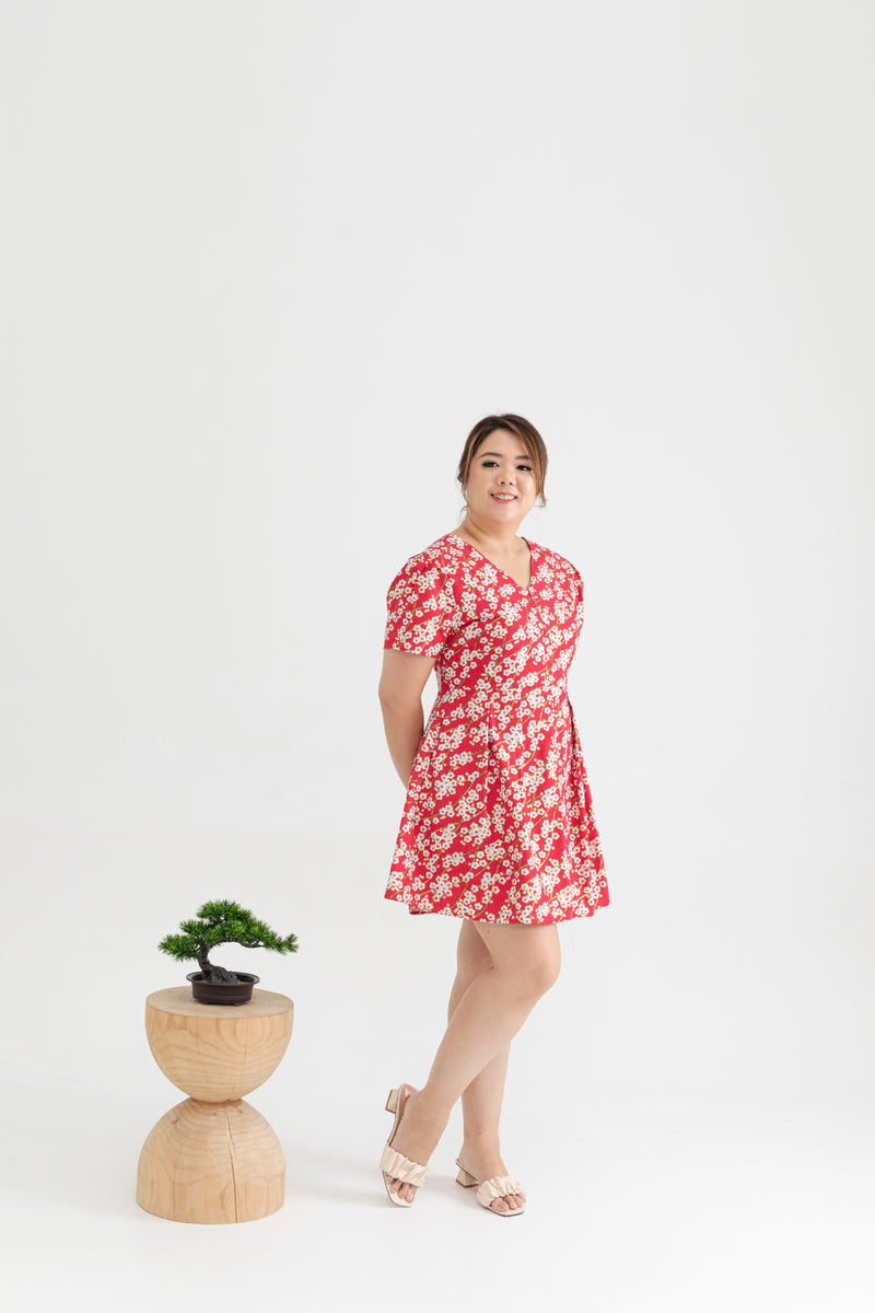 2-way Japanese Prints V-Neck Ribbon Skater Dress (Sakura)
