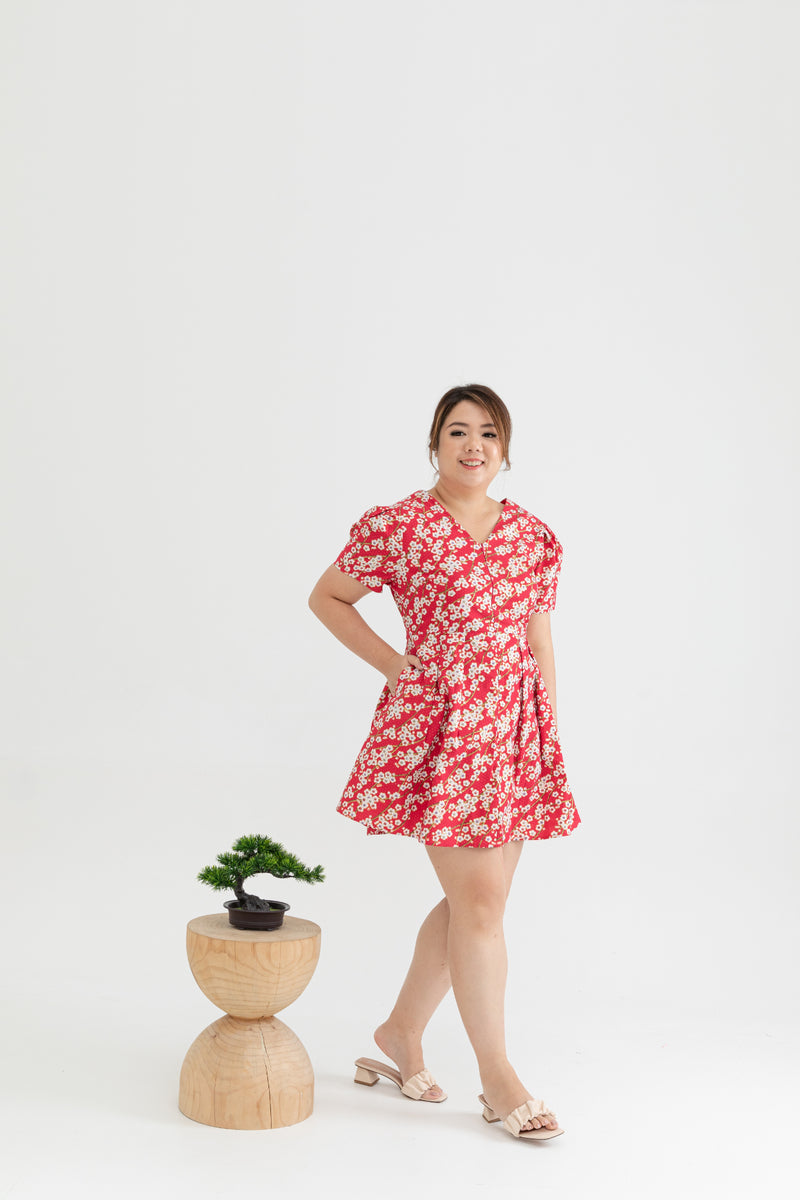 2-way Japanese Prints V-Neck Ribbon Skater Dress (Sakura)