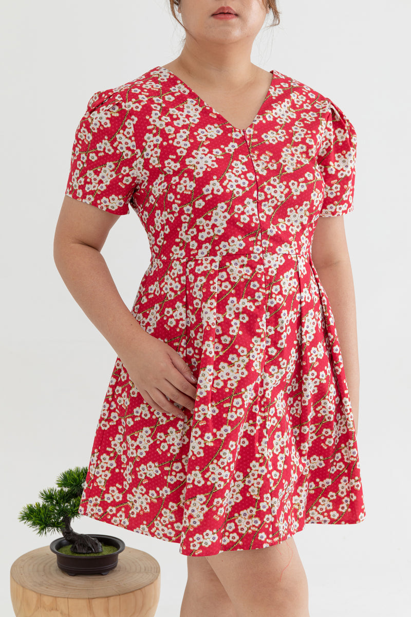 2-way Japanese Prints V-Neck Ribbon Skater Dress (Sakura)