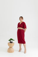 Kimono Obi Waist Dress (Maroon Waves)
