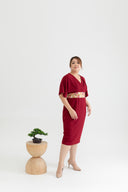 Kimono Obi Waist Dress (Maroon Waves)
