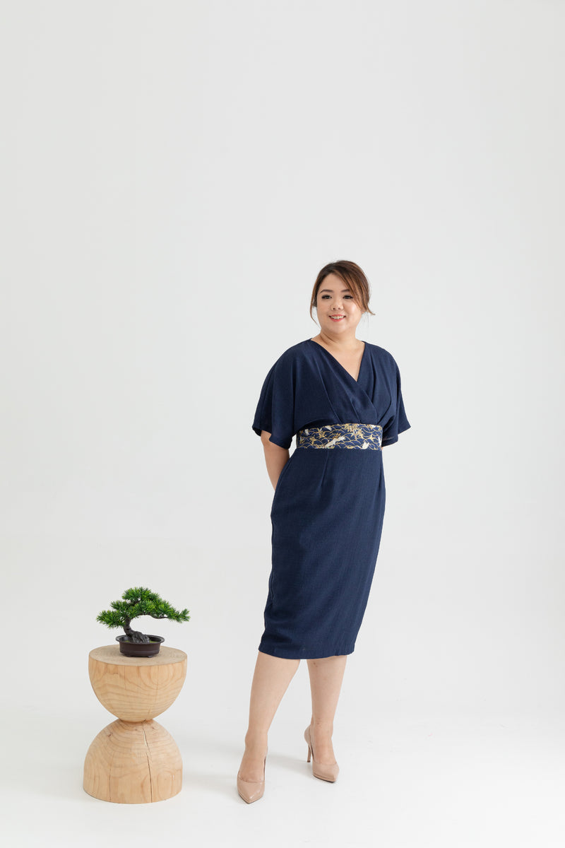 Kimono Obi Waist Dress (Navy Crane)