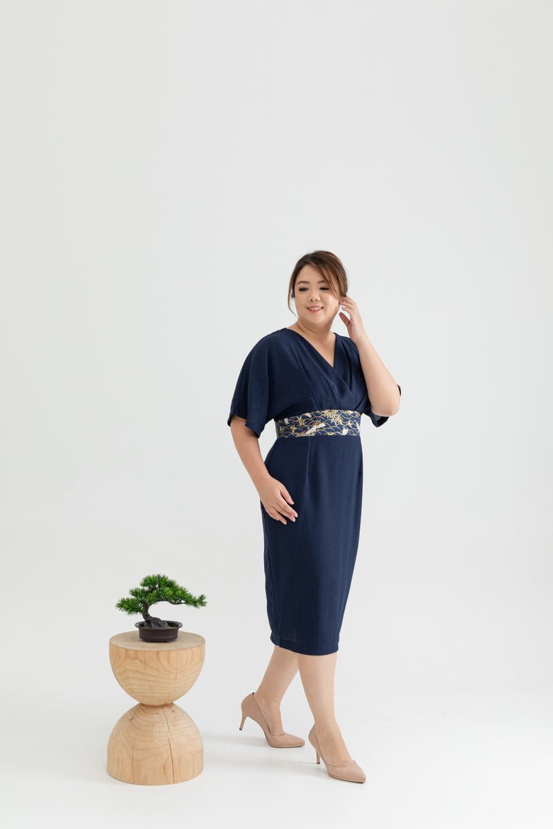 Kimono Obi Waist Dress (Navy Crane)