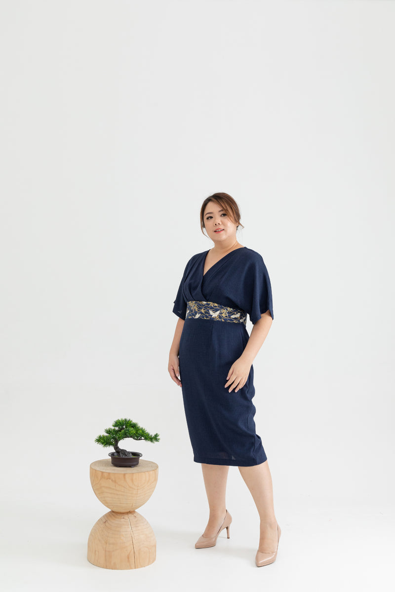 Kimono Obi Waist Dress (Navy Crane)