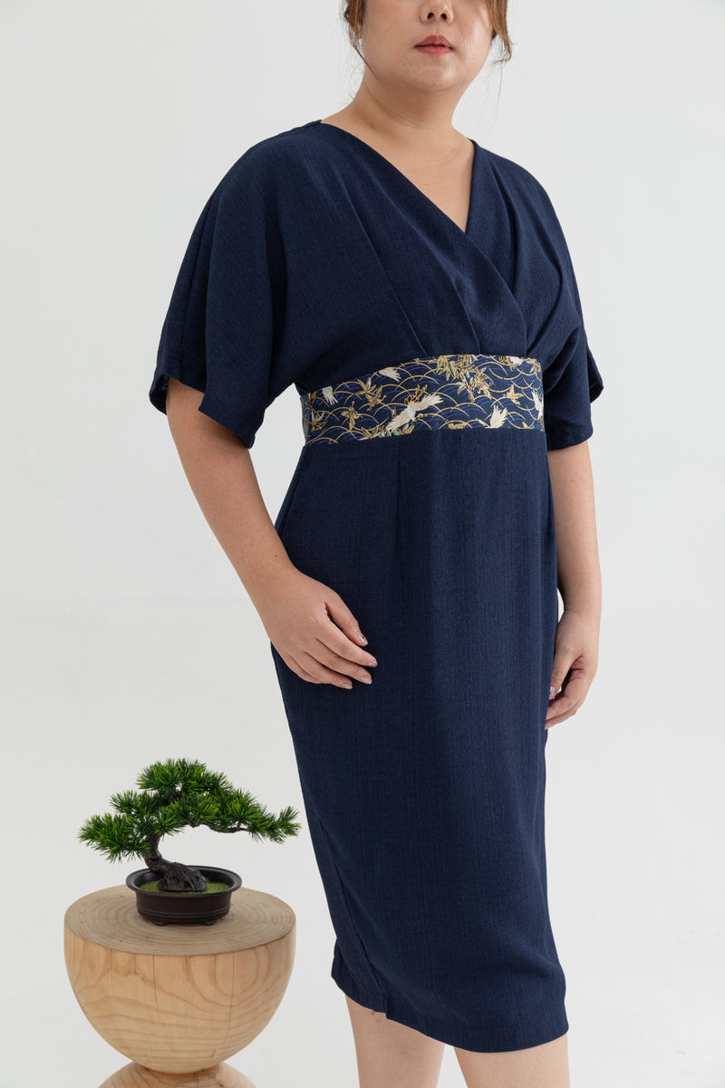 Kimono Obi Waist Dress (Navy Crane)