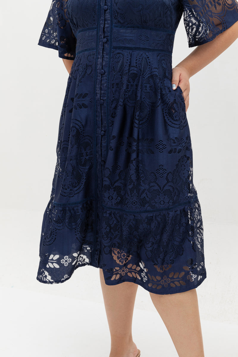 Hikaru Kimono Sleeves Lace Dress (Navy)