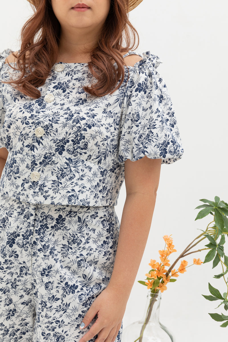 (Co-ord) Puff Sleeve in White Prints - Top only