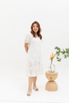 V-Neck Textured Midi Dress (White Embroidery)