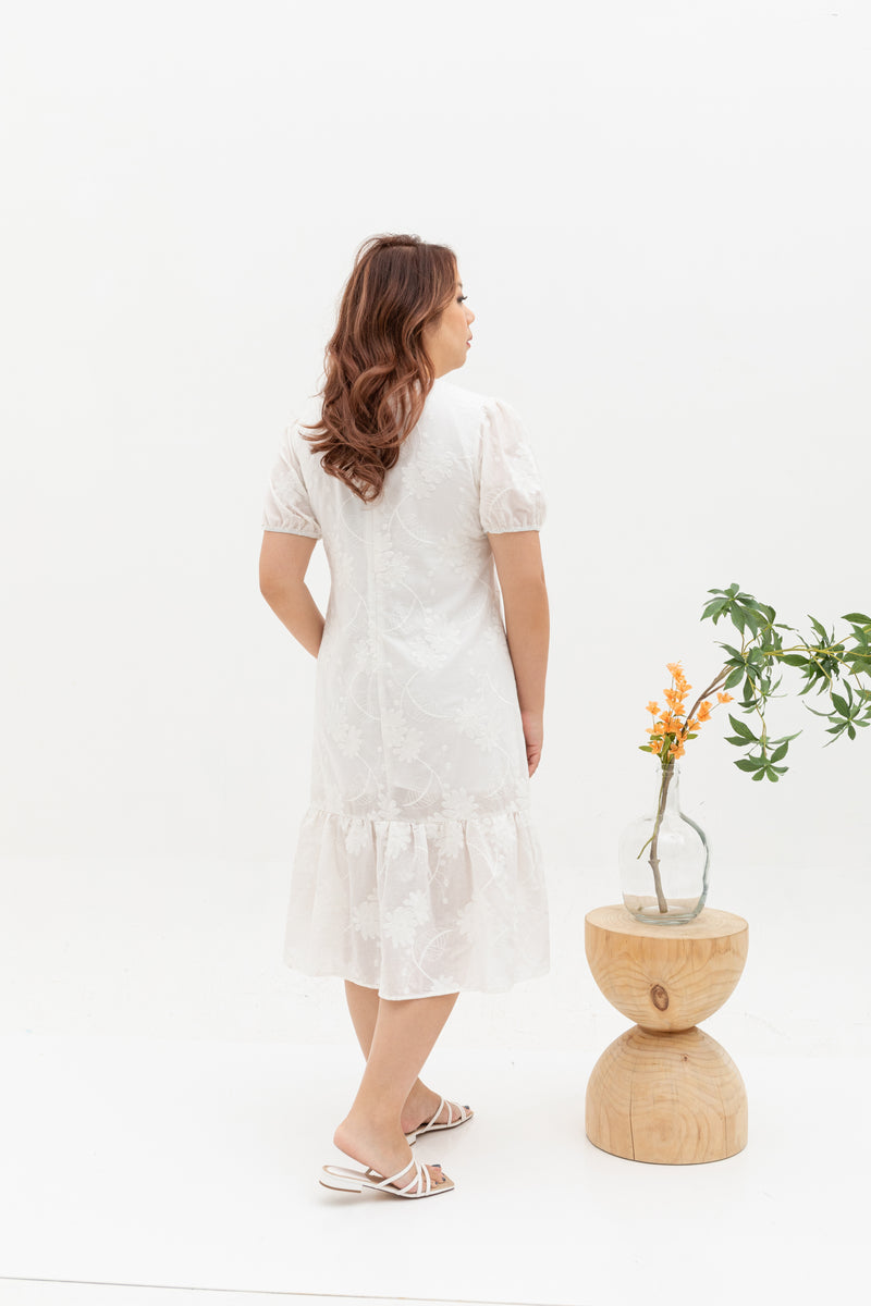 V-Neck Textured Midi Dress (White Embroidery)