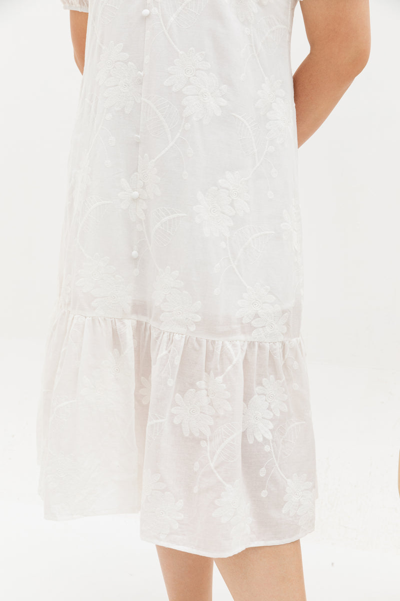 V-Neck Textured Midi Dress (White Embroidery)