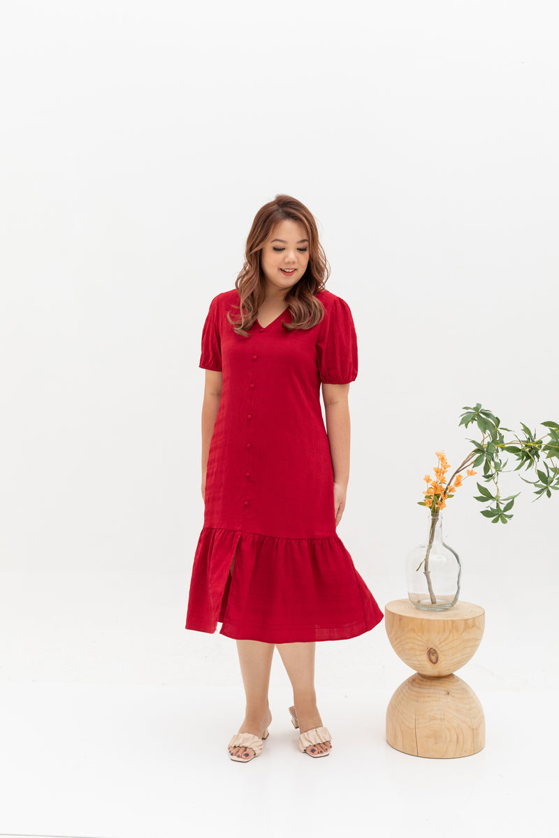 V-Neck Textured Midi Dress (Cherry Red)