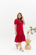 V-Neck Textured Midi Dress (Cherry Red)