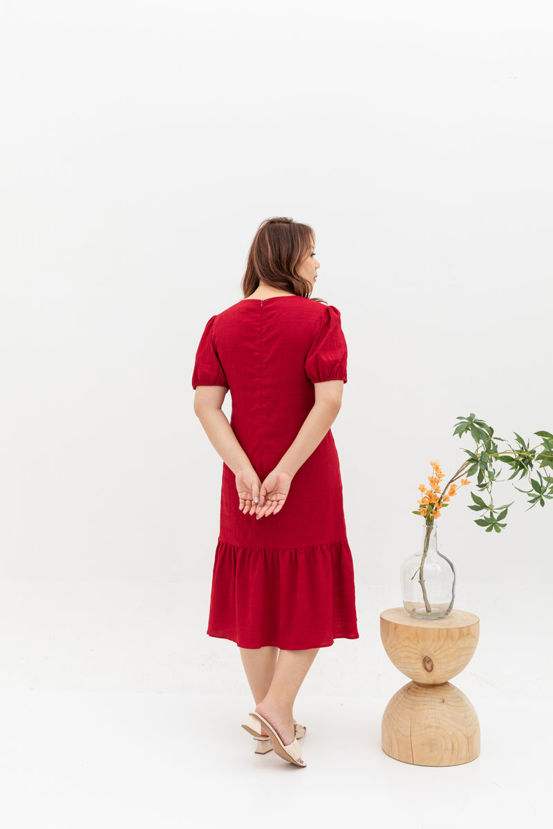 V-Neck Textured Midi Dress (Cherry Red)
