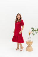 V-Neck Textured Midi Dress (Cherry Red)