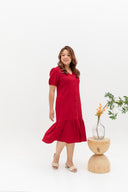 V-Neck Textured Midi Dress (Cherry Red)