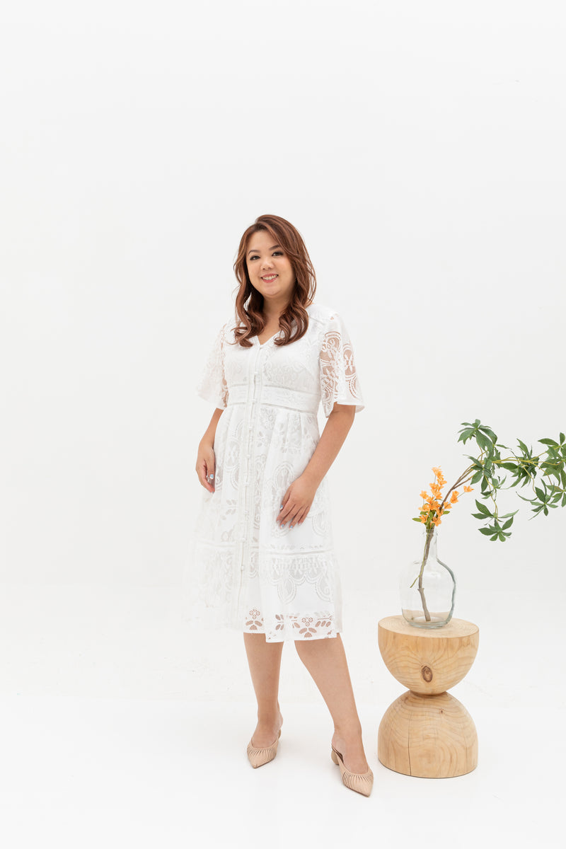 Hikaru Kimono Sleeves Lace Dress (White)