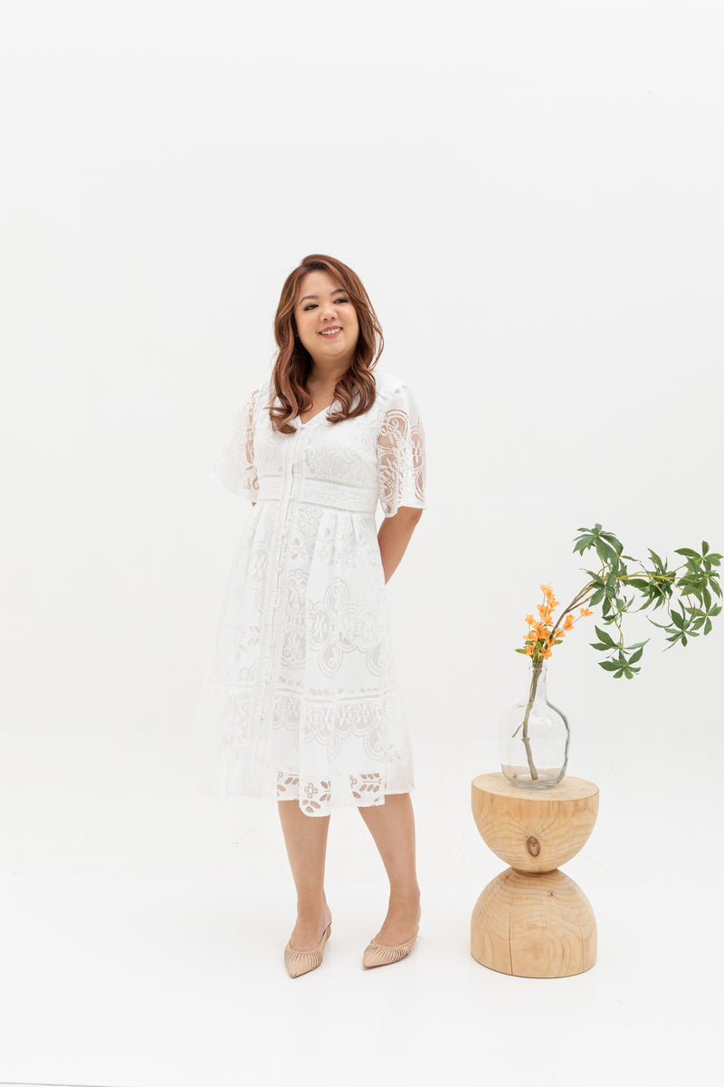 Hikaru Kimono Sleeves Lace Dress (White)