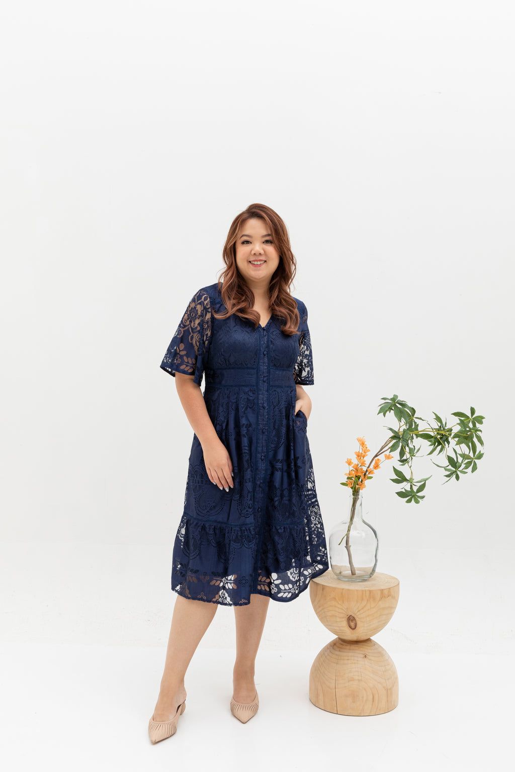 Hikaru Kimono Sleeves Lace Dress (Navy)