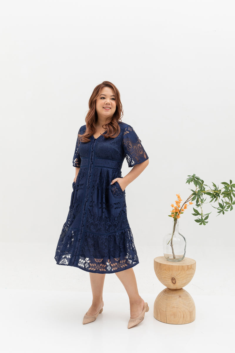 Hikaru Kimono Sleeves Lace Dress (Navy)