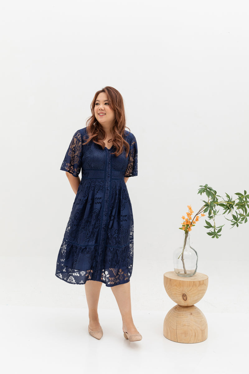 Hikaru Kimono Sleeves Lace Dress (Navy)