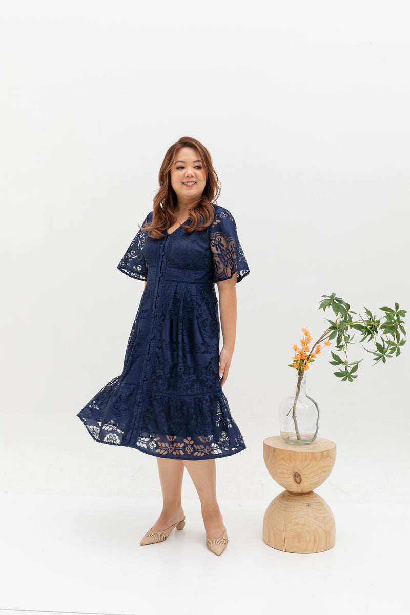 Hikaru Kimono Sleeves Lace Dress (Navy)
