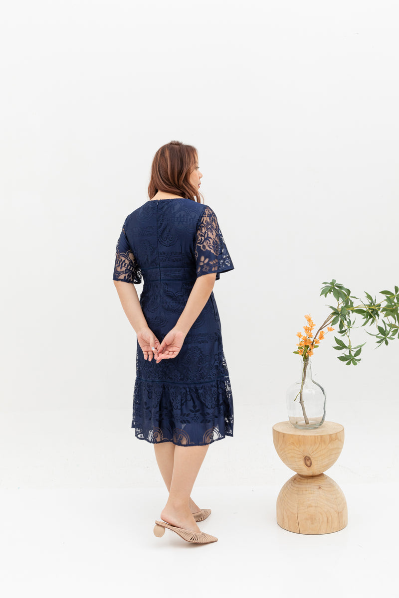 Hikaru Kimono Sleeves Lace Dress (Navy)