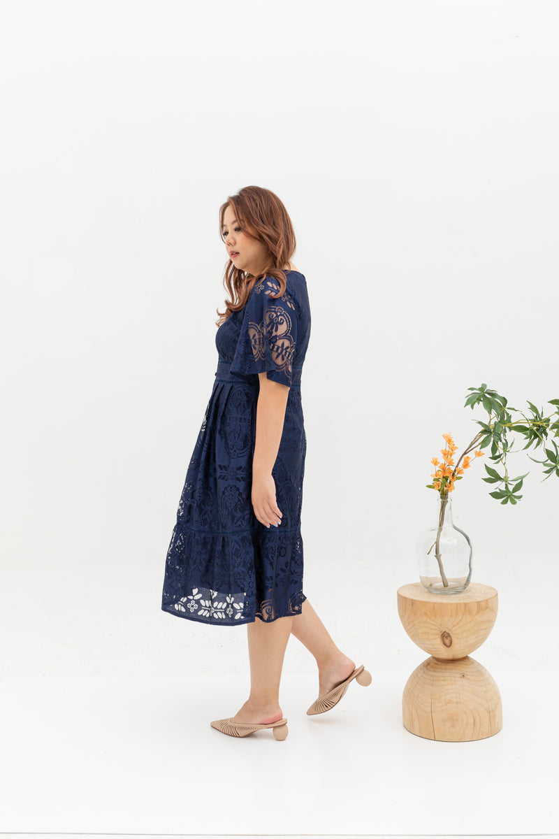 Hikaru Kimono Sleeves Lace Dress (Navy)
