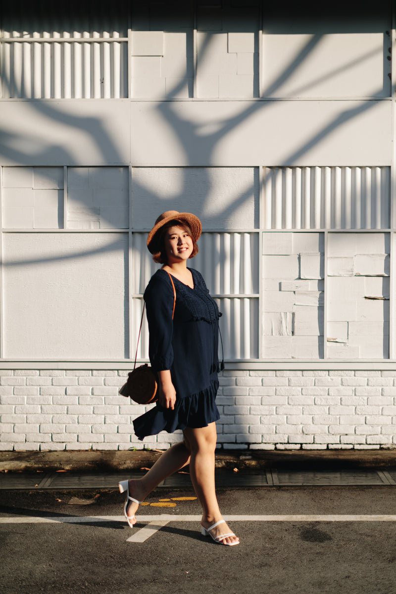 Embroidery Eyelet -Tassels Textured Dress (Navy)