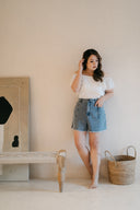 Panel Denim High Waisted Shorts (Light Wash)