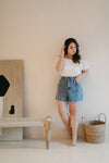 Panel Denim High Waisted Shorts (Light Wash)