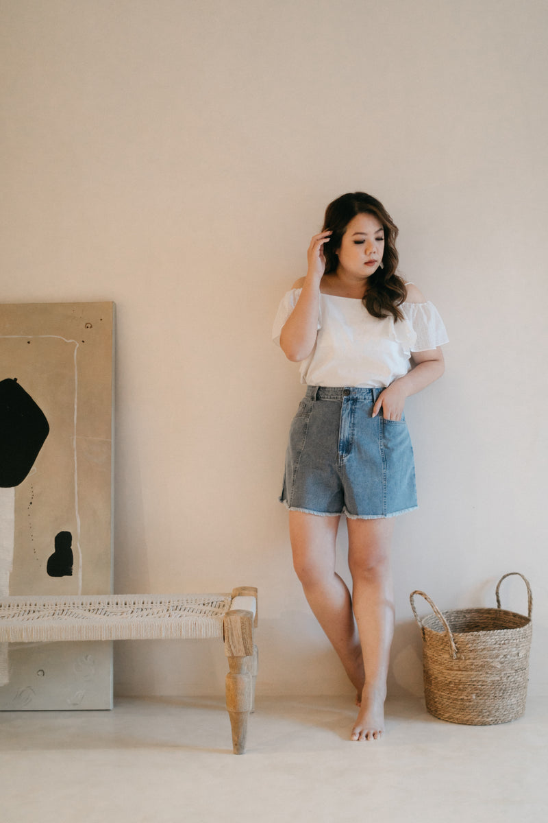 Panel Denim High Waisted Shorts (Light Wash)