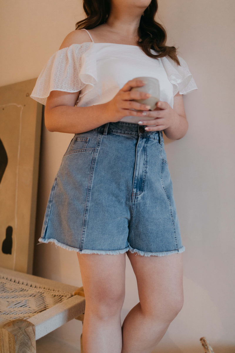 Panel Denim High Waisted Shorts (Light Wash)