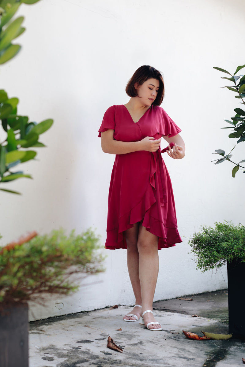 Flutter Sleeves Wrap Dress - (Plum Red)