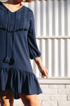 Embroidery Eyelet -Tassels Textured Dress (Navy)