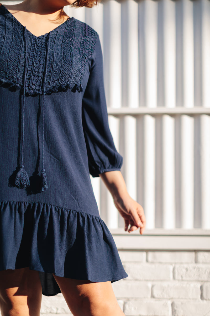 Embroidery Eyelet -Tassels Textured Dress (Navy)