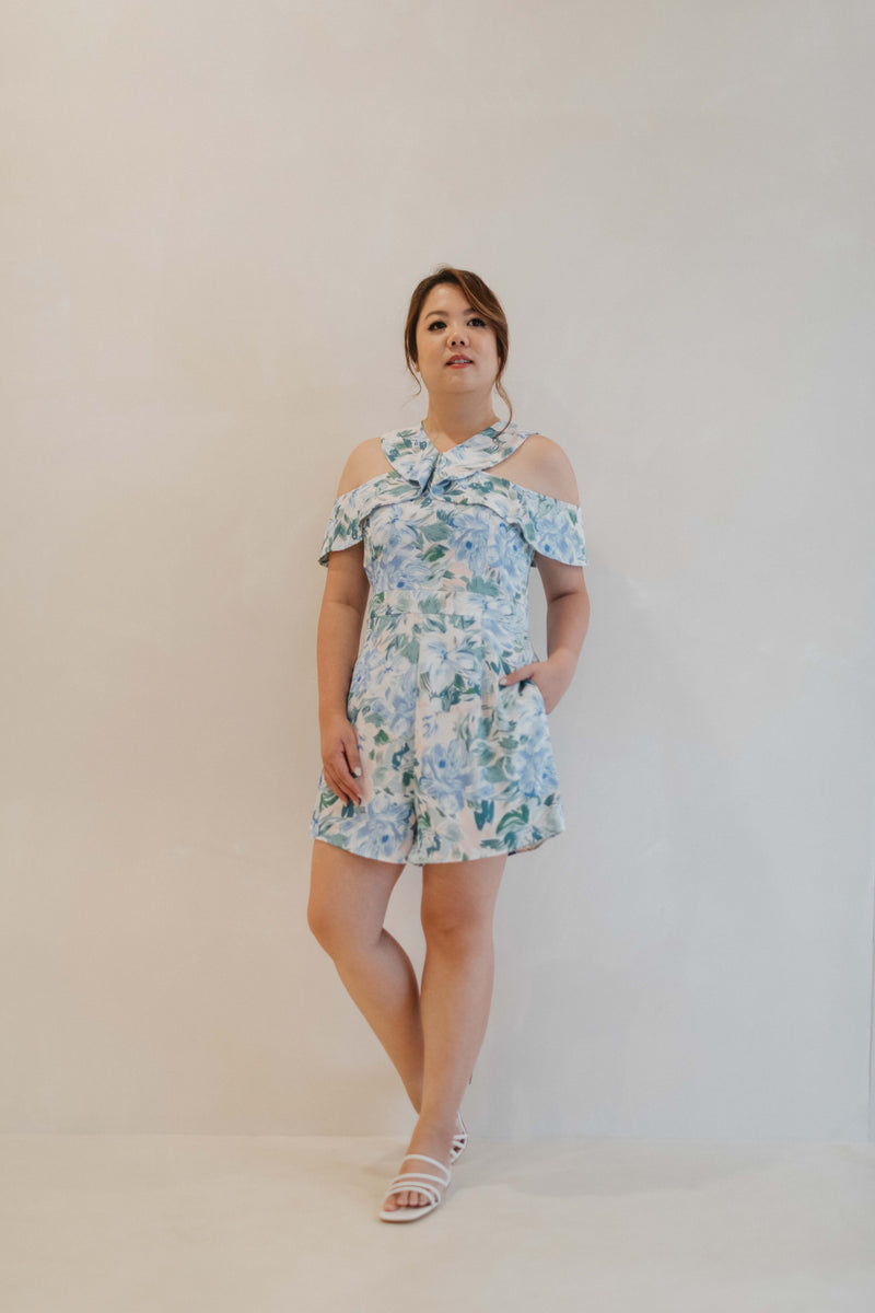 Flutter Halter Romper (Blue Florals)