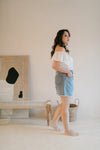 Panel Denim High Waisted Shorts (Light Wash)