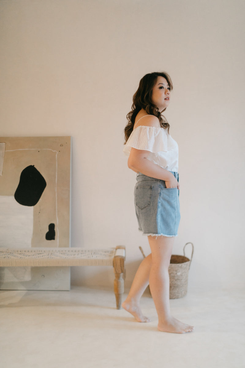 Panel Denim High Waisted Shorts (Light Wash)