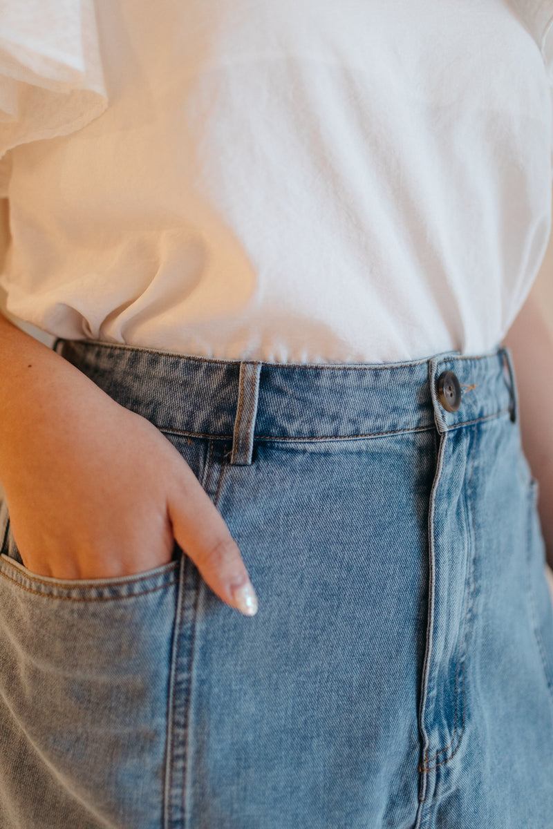 Panel Denim High Waisted Shorts (Light Wash)